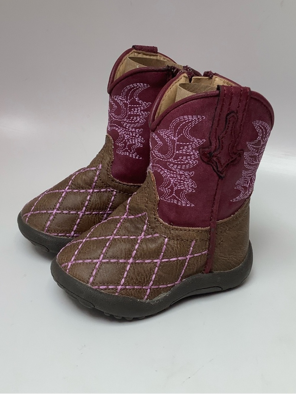 Roper Cowbabies Brown Burgundy Western-Style Boots Pink Stitching
Baby Size 3